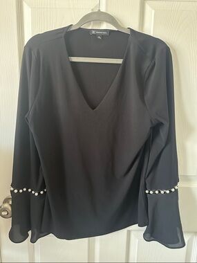 INC International Concepts Black V-Neck Blouse with Pearl-Trim Bell Sleeves